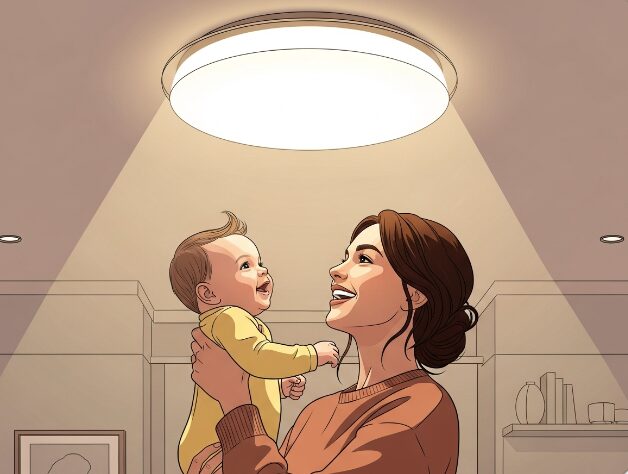 明るい照明の下で赤ちゃんを抱く母親